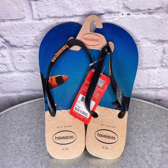 Havaianas Men's 13 Beach Dog‎ Surfboard Beige Black Flip Flops Sandals Brazil - Picture 1 of 6